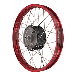 Speichenrad 1,50x16 Zoll Alufelge rot eloxiert + poliert + Edelstahlspeichen + schwarze Radnabe